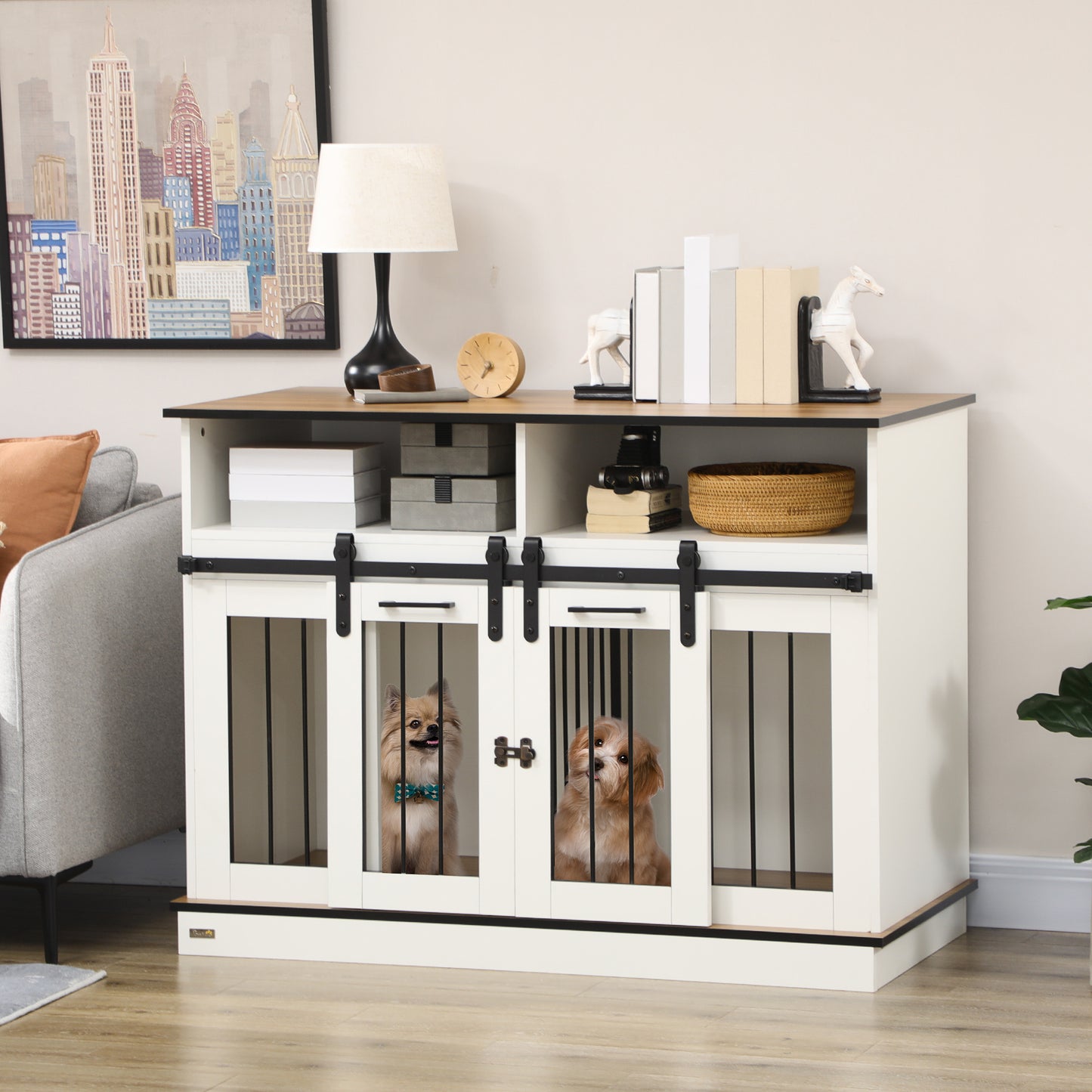Dog Crate Furniture for Large Dogs or Double Dog Kennel for Small Dogs with Shelves, Sliding Doors, 47" x 23.5" x 35", White