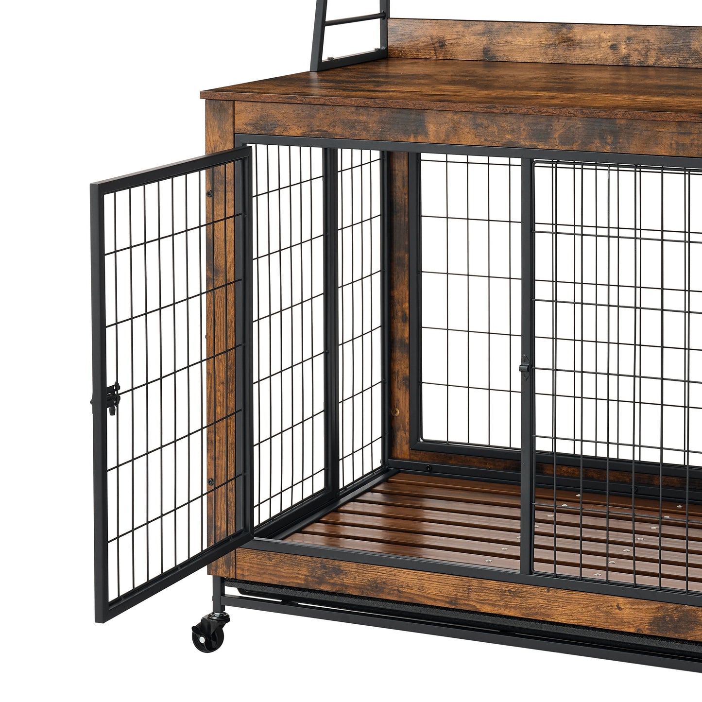 Furniture type dog cage iron frame door with cabinet, two door design, Rustic Brown, 37.99"WX27.36"DX59.92"H
