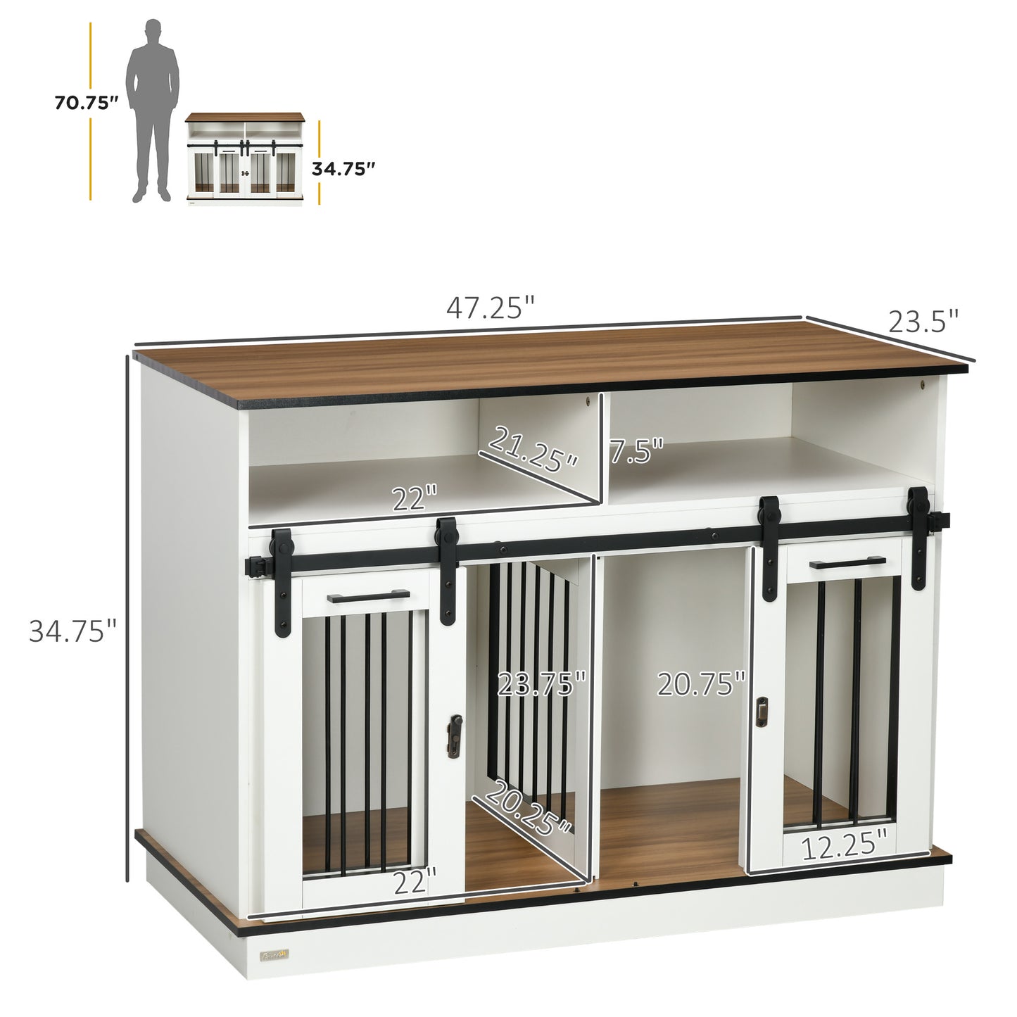 Dog Crate Furniture for Large Dogs or Double Dog Kennel for Small Dogs with Shelves, Sliding Doors, 47" x 23.5" x 35", White
