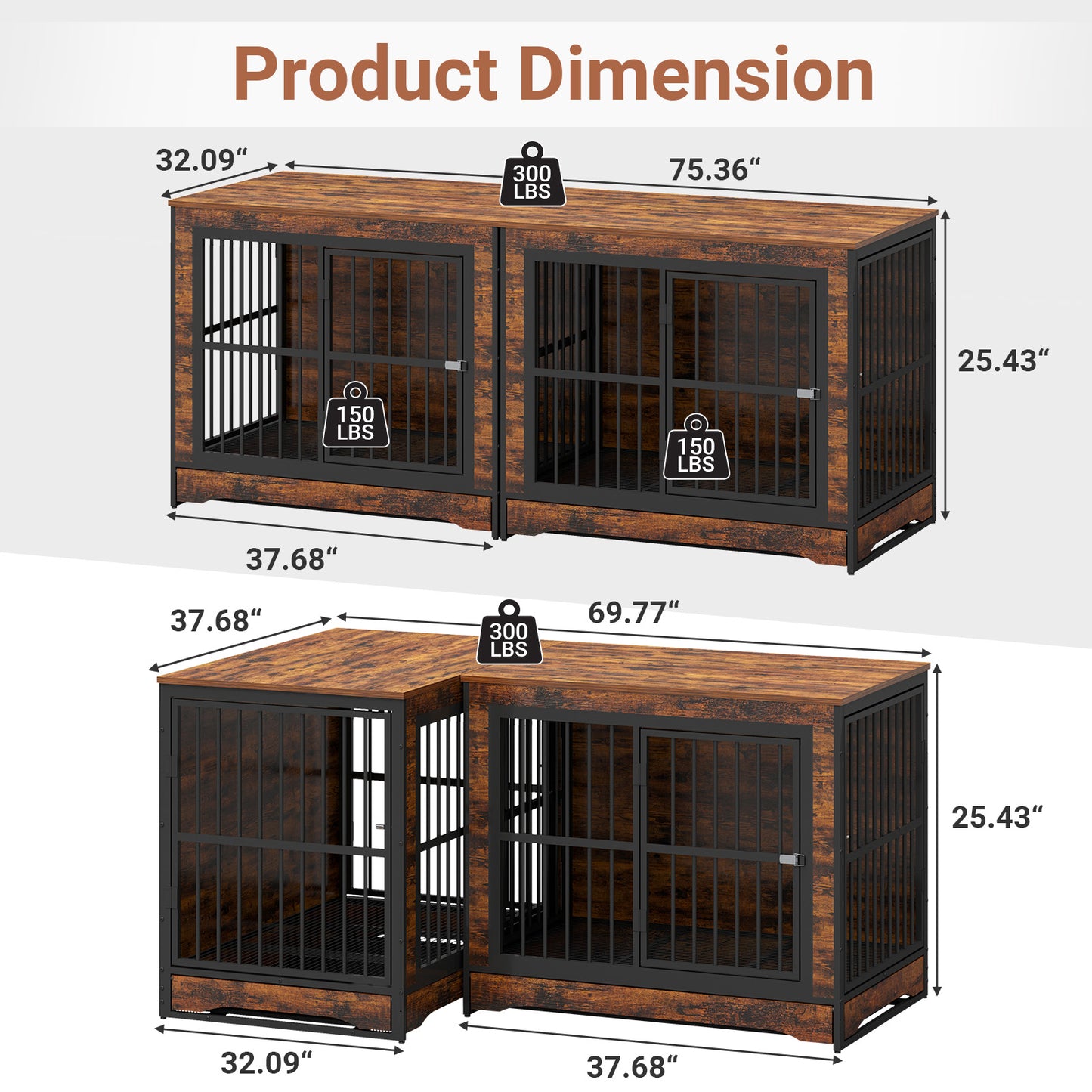 75 Inch Double Dog Crate Furniture with Divider, 4 Combination Forms Large Dog Kennel Furniture with Trays, Rustic Brown Corner Dog Kennel for Small Medium Large Dogs
