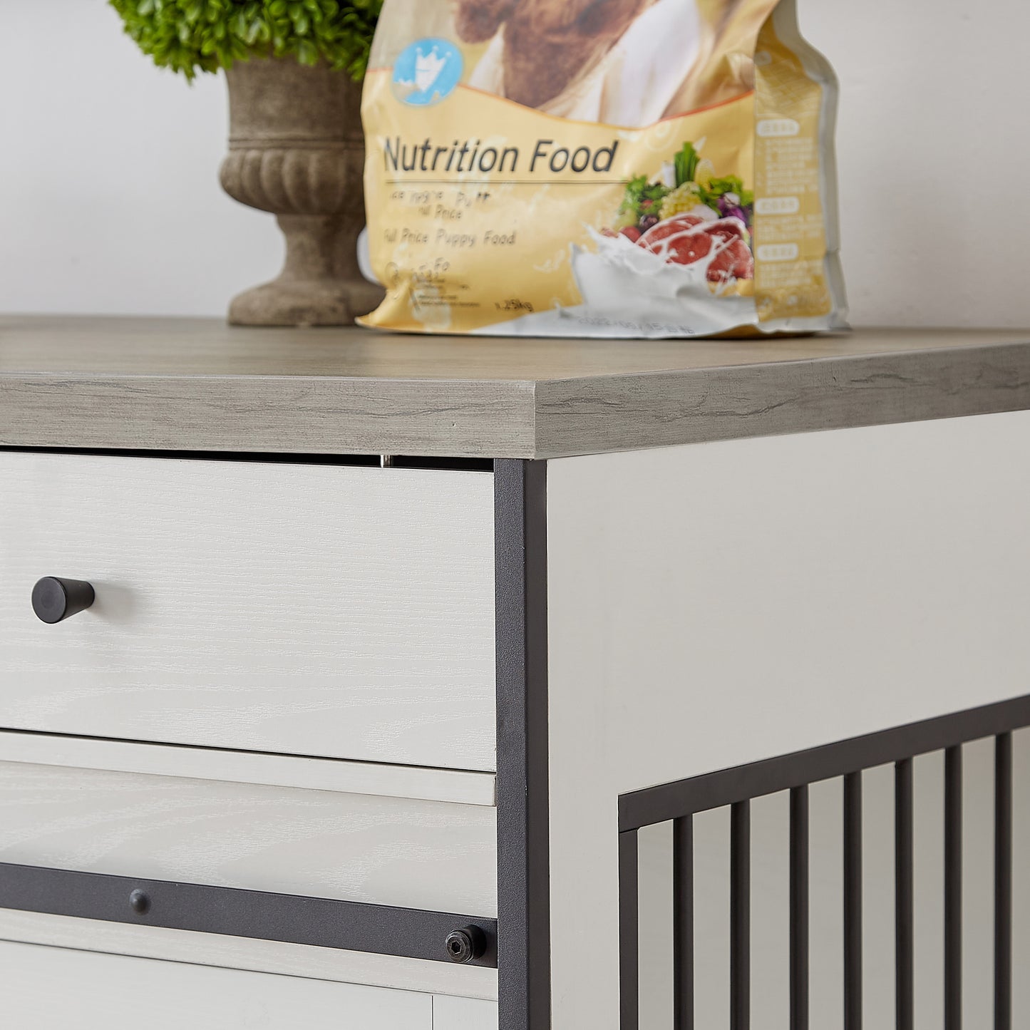 Super large TV cabinet dog crate dog cage with 2 drawers End table, dog cage can keep two dogs. White & Grey, 66.1'' W x 23.6'' D x 36'' H.