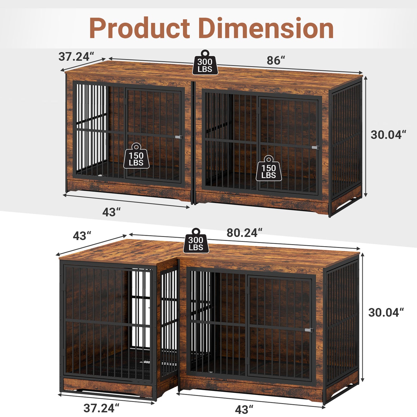 75 Inch Double Dog Crate Furniture with Divider, 4 Combination Forms Large Dog Kennel Furniture with Trays, Rustic Brown Corner Dog Kennel for Small Medium Large Dogs